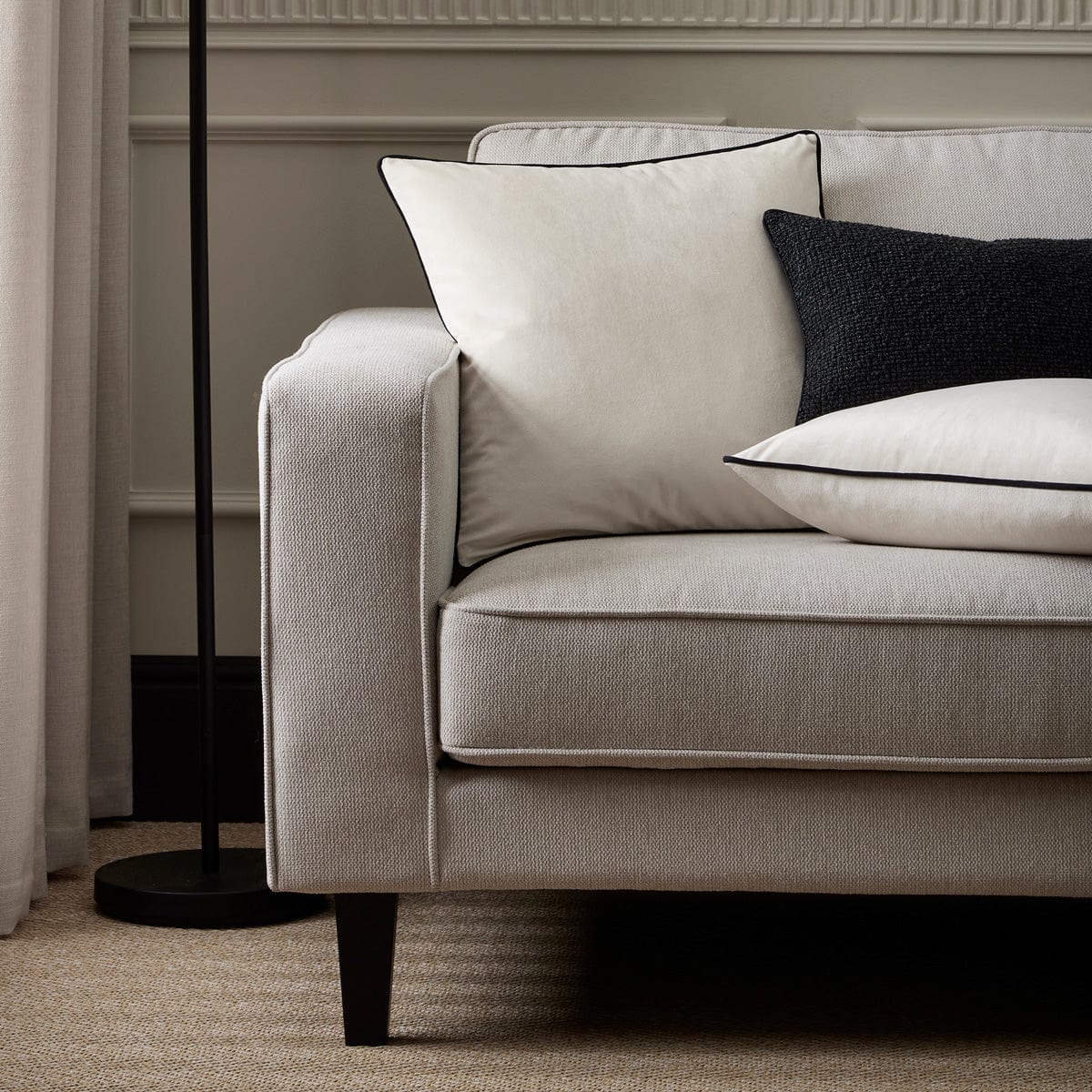 Dusklia - Velvet Sofa Cushion Cover - Off White Contrast Black Piping
