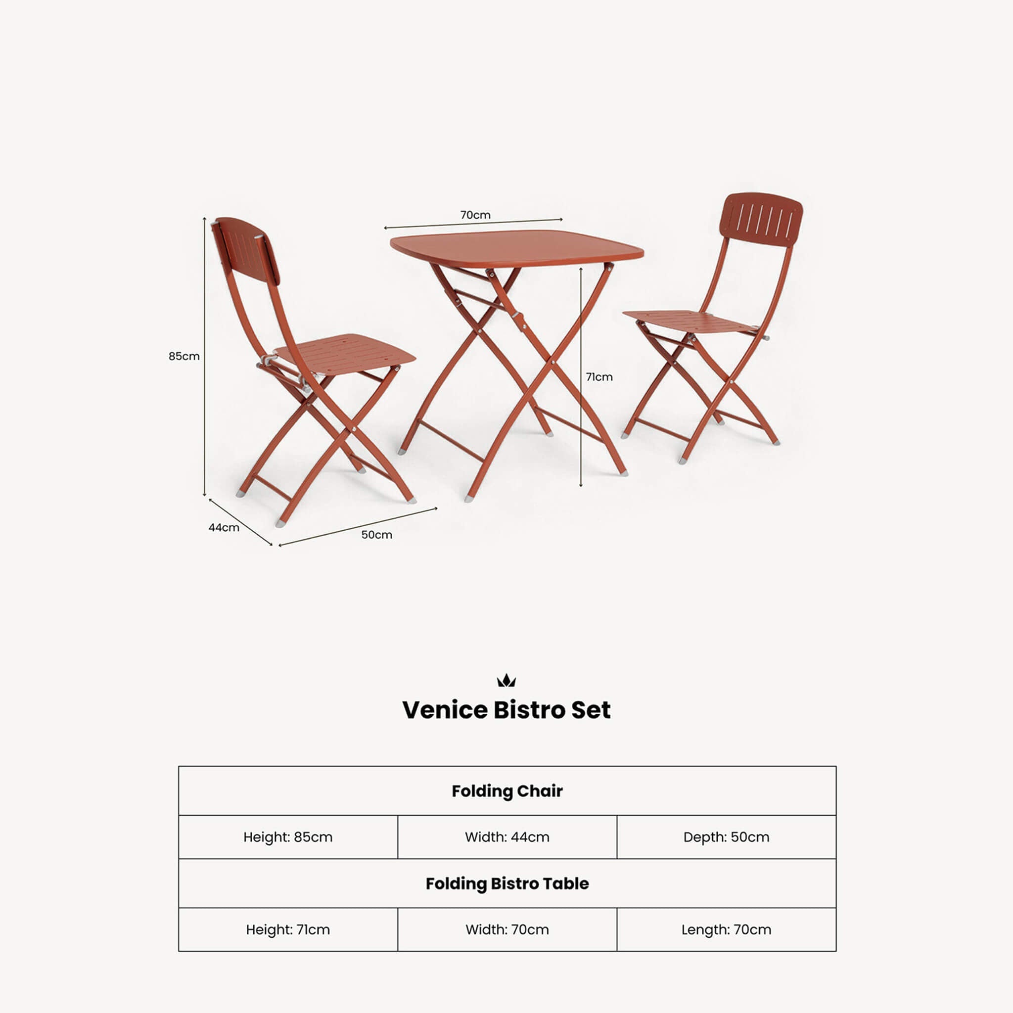 Dusklia - Venice Outdoor 2 Seater Square Bistro Table and Chairs - Cayenne Pepper