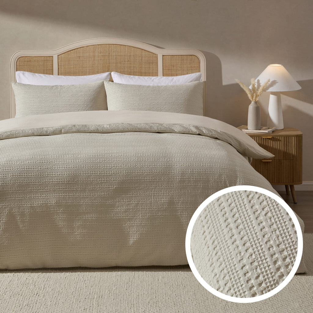 Dusklia - Vermont 180 Thread Count Waffle Duvet Cover & Pillowcase Set - Ecru