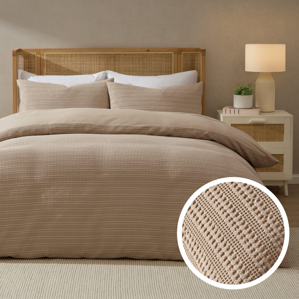 Dusklia - Vermont 180 Thread Count Waffle Duvet Cover & Pillowcase Set - Mocha