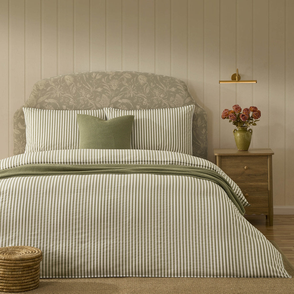 Dusklia - Washed Cotton Printed Stripe 200 Thread Count Duvet Cover & Pillowcase Set - Olive