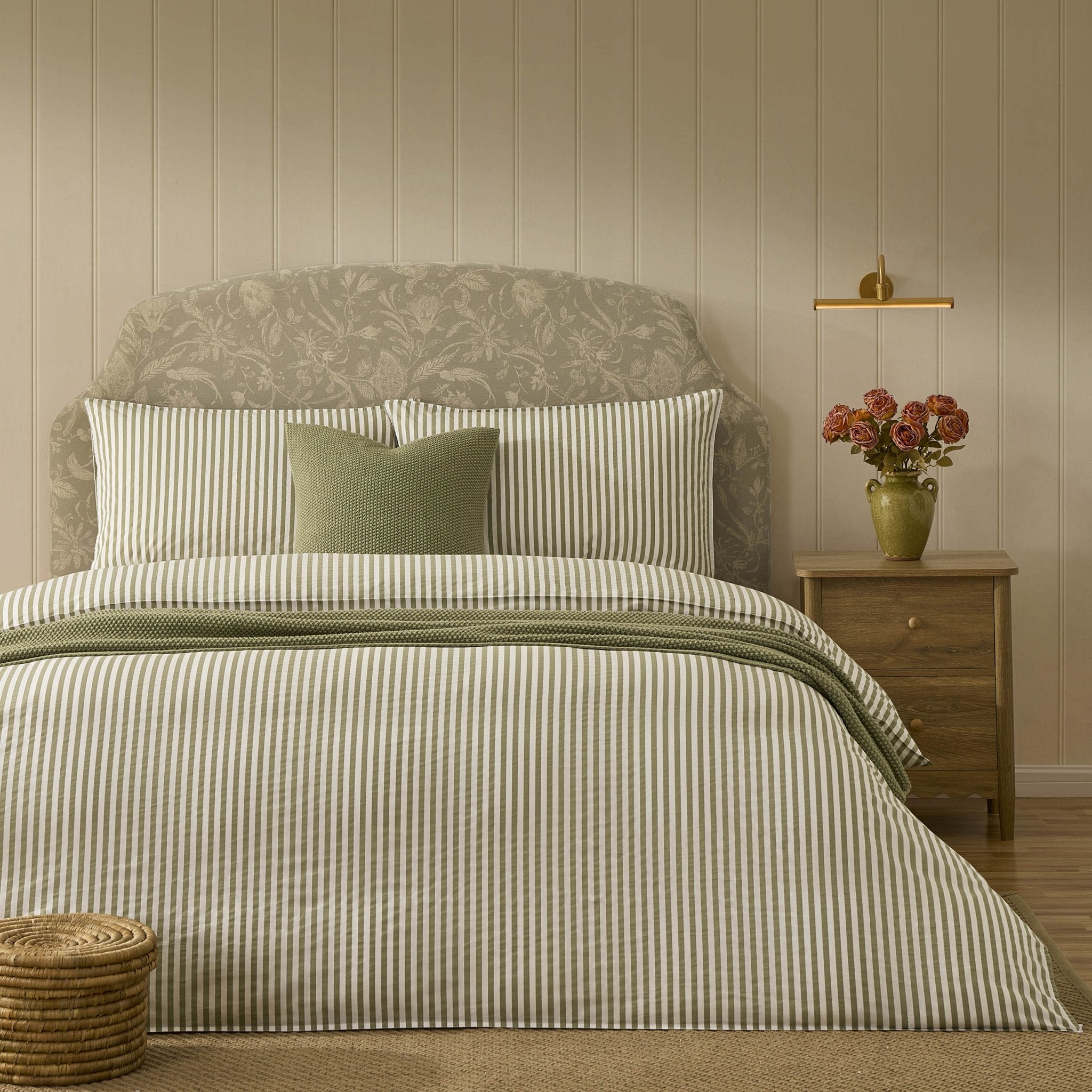 Dusklia - Washed Cotton Printed Stripe 200 Thread Count Duvet Cover & Pillowcase Set - Olive