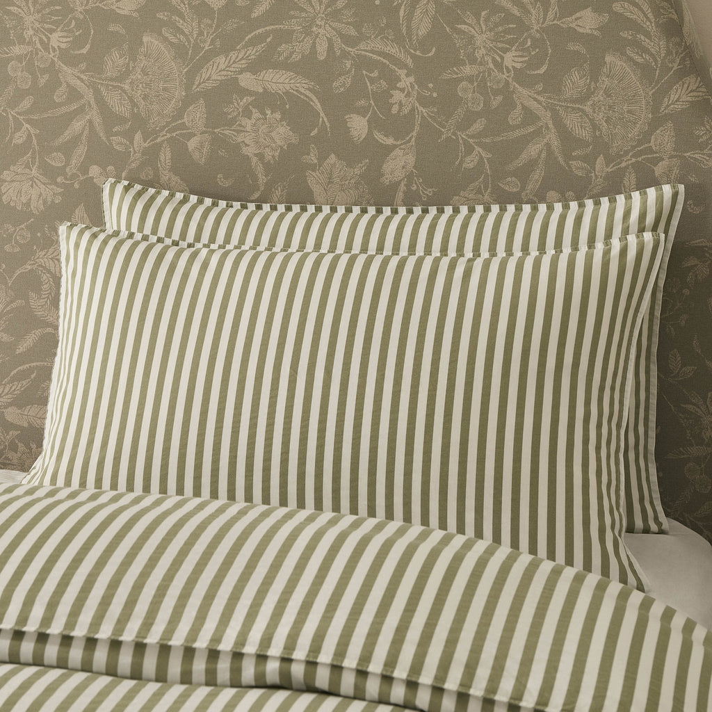 Dusklia - Washed Cotton Printed Stripe 200 Thread Count Duvet Cover & Pillowcase Set - Olive