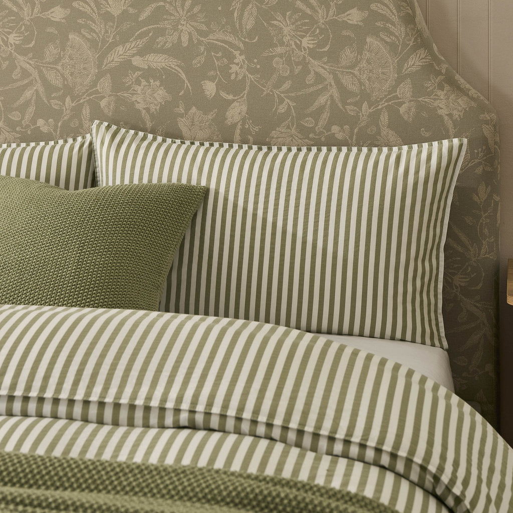 Dusklia - Washed Cotton Printed Stripe 200 Thread Count Duvet Cover & Pillowcase Set - Olive