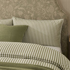 Dusklia - Washed Cotton Printed Stripe 200 Thread Count Duvet Cover & Pillowcase Set - Olive