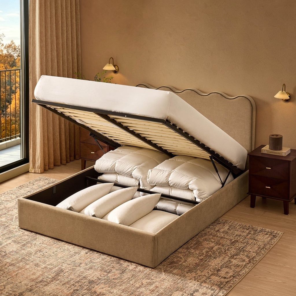 Dusklia - Wavy Ottoman Storage Bed - Chenille Oatmeal